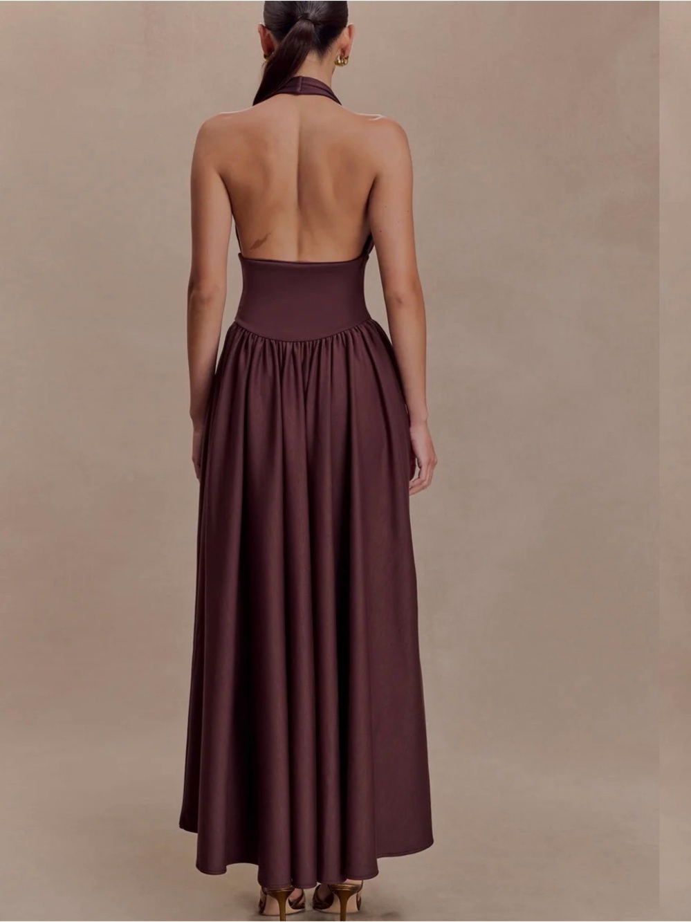 NWT- Meshki Angelina Halter Midi Dress in Chocolate Brown - Picture 3 of 5